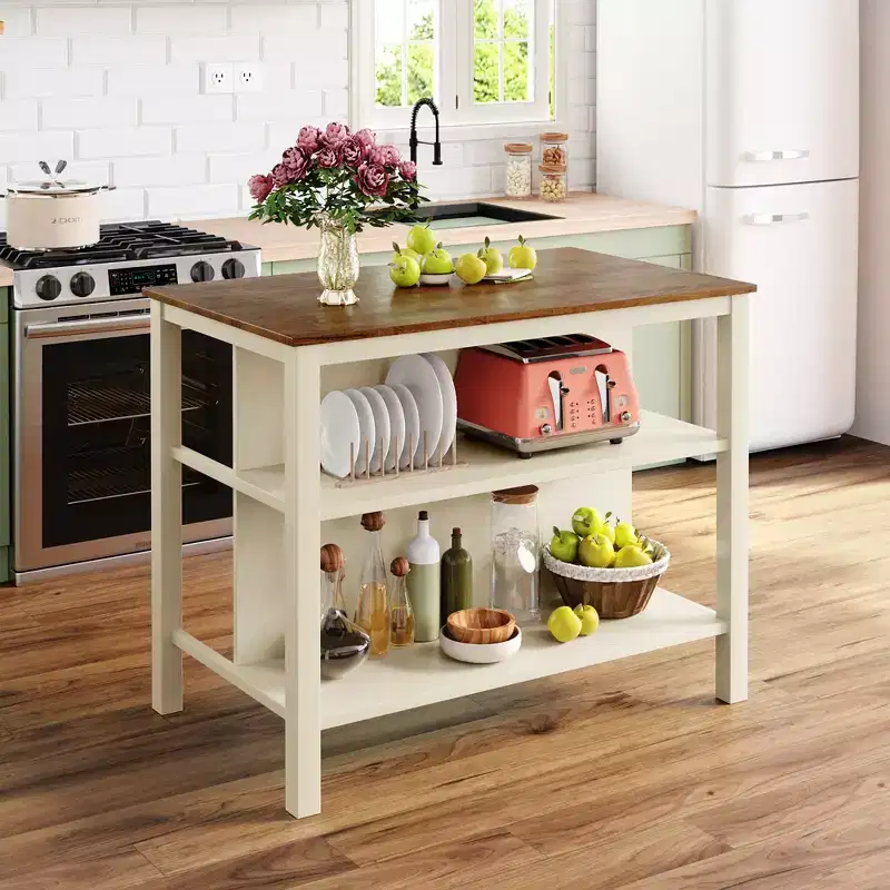 45-inch Solid Wood Rustic Fixed Kitchen Island, Rubberwood Prep Station with 2 Open Shelves, Ideal for Small Spaces, Walnut