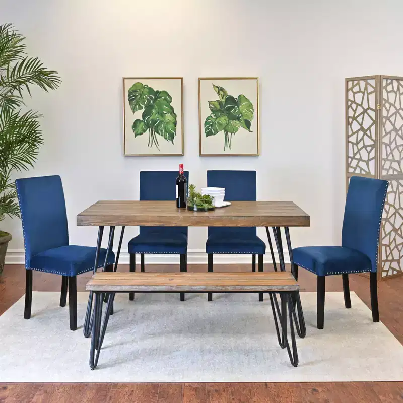 Ashzo 6-Piece Dining Set, Hairpin Dining Table with 4 Chairs and Bench, 3 Color Options