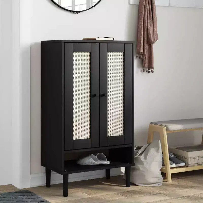 Shoe Cabinet Accent Storage Organizer, Rattan Look Solid Pine Wood