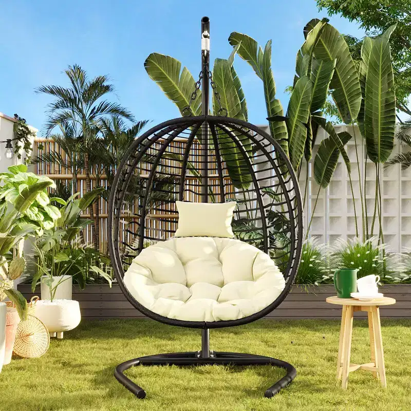 Whisen Single Person Folding Egg Chair with Stand, Hammock Swing Chair with Adjustable Anti-Slip Feet