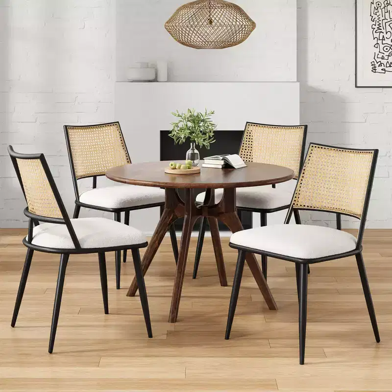 PexFix 2Pcs Dining Chairs Mid-Century Modern Kitchen Chairs with Rattan Backrest & Metal Frame Boucle Upholstered Accent Chairs White