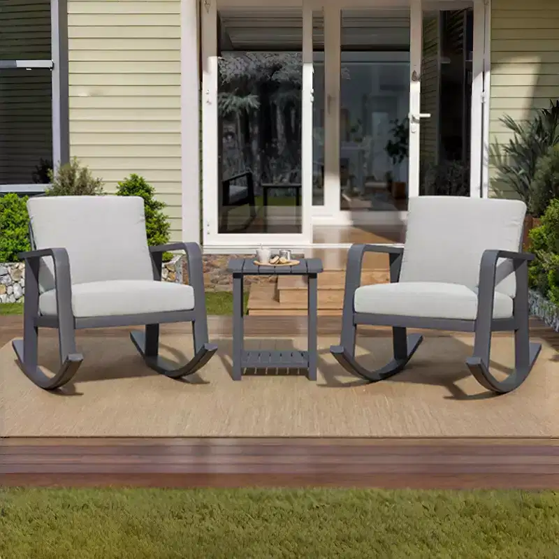 GDFStudio Malan Modern 3-Piece Aluminium Rocking Chair Set with Coffee Table
