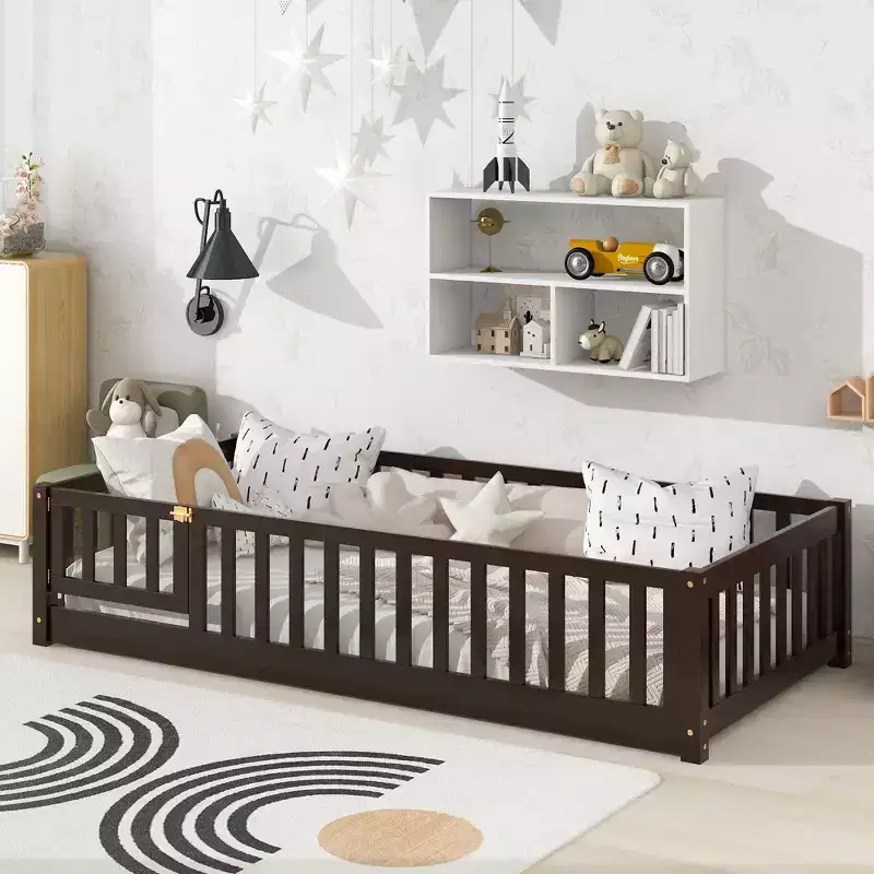 Twin Size Toddler Floor Bed for Kids, Modern Wood Montessori Bed with Safety Guardrails and Door for Bedroom