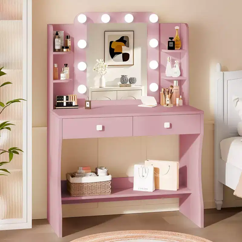 Small Vanity Desk, Vanity with Power Outlet, 3 Lighting Modes & 10 LED Bulbs