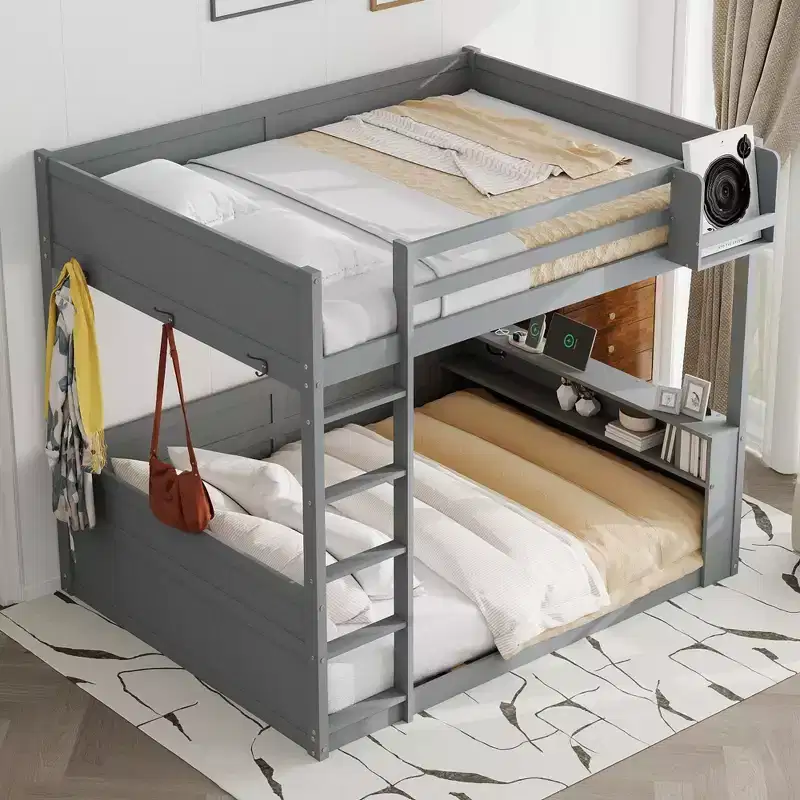 Whisen Queen Size Wooden Bunk Bed with Storage Shelves, Box, LED Light and USB Charging Station