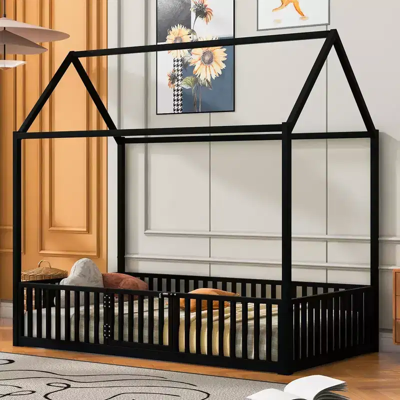 Bellemave Twin Floor Bed with Door and Fence, Bed Twin Size with Roof/House Floor Bed for Kids, Girls, Boys, Black