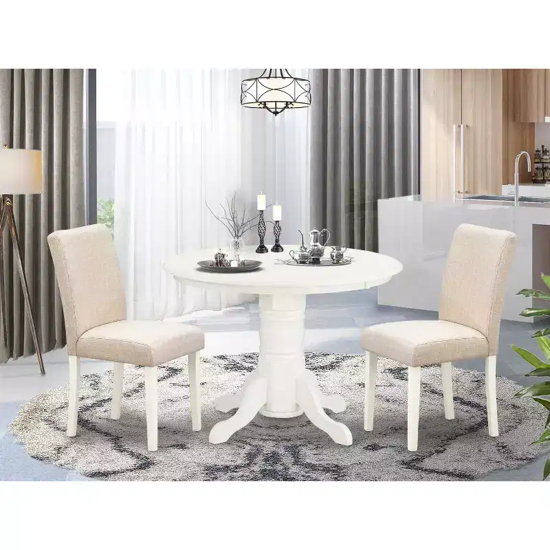 Round Dining Table Set 3pc - 42 Inch Table & 2 Parsons Chairs - Linen White Legs - Light Beige Fabric