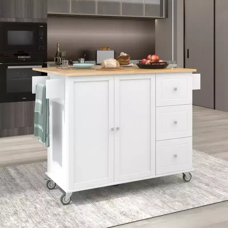 Kitchen Cart with Wooden Top and Lockable Wheels
