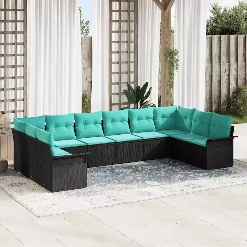 vidaXL Garden Sofa Set with Cushion 10 pcs Black Poly rattan - Black and Turquoise without table