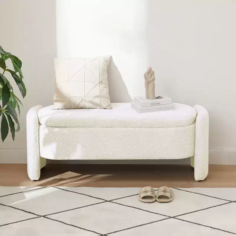 EHMKNP Ottoman Oval Storage Bench with 3D Lamb Fleece Fabric, Large Hidden Storage for Living Room, Entryway, Bedroom, Cozy Cream White Seat