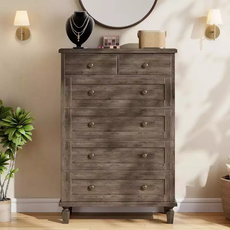 Wood 6-Drawer Dresser with Tapered Legs — Distressed Finish