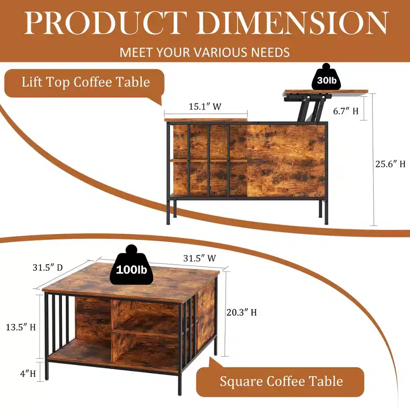 Farmhouse Lift Top Coffee Table with Hidden Compartment & 3 Shelves, Adjustable Height, Living Room Multifunctional Center Table, 110lbs Capacity