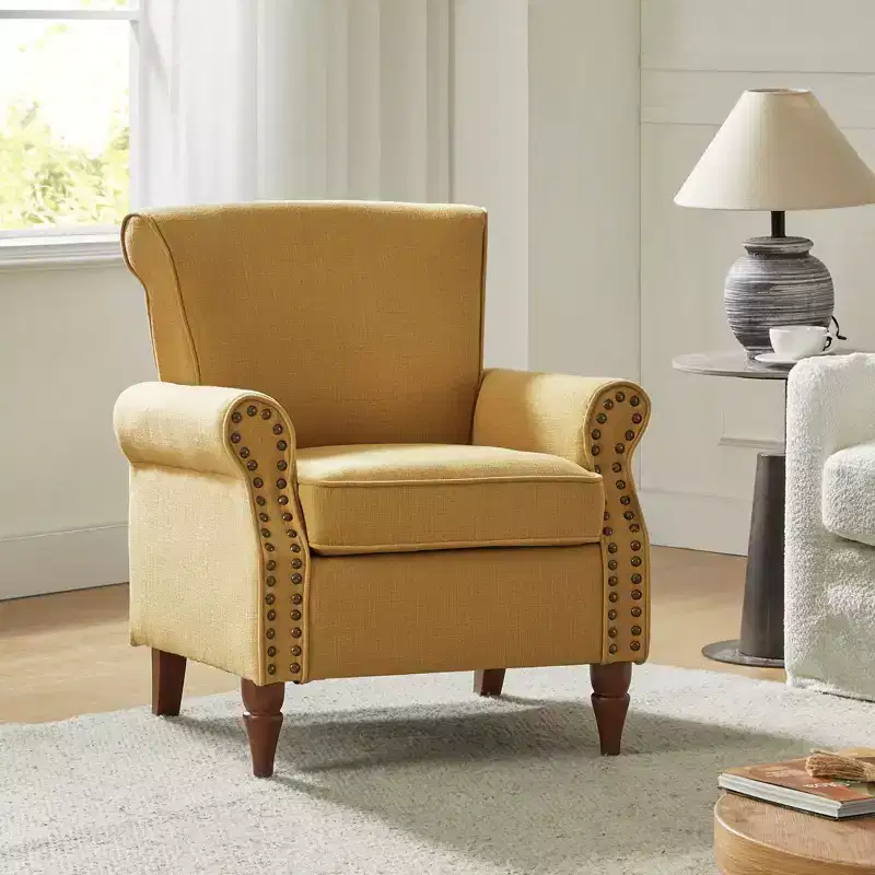 Upholstered Armchair with Solid Wood Legs, Mustard