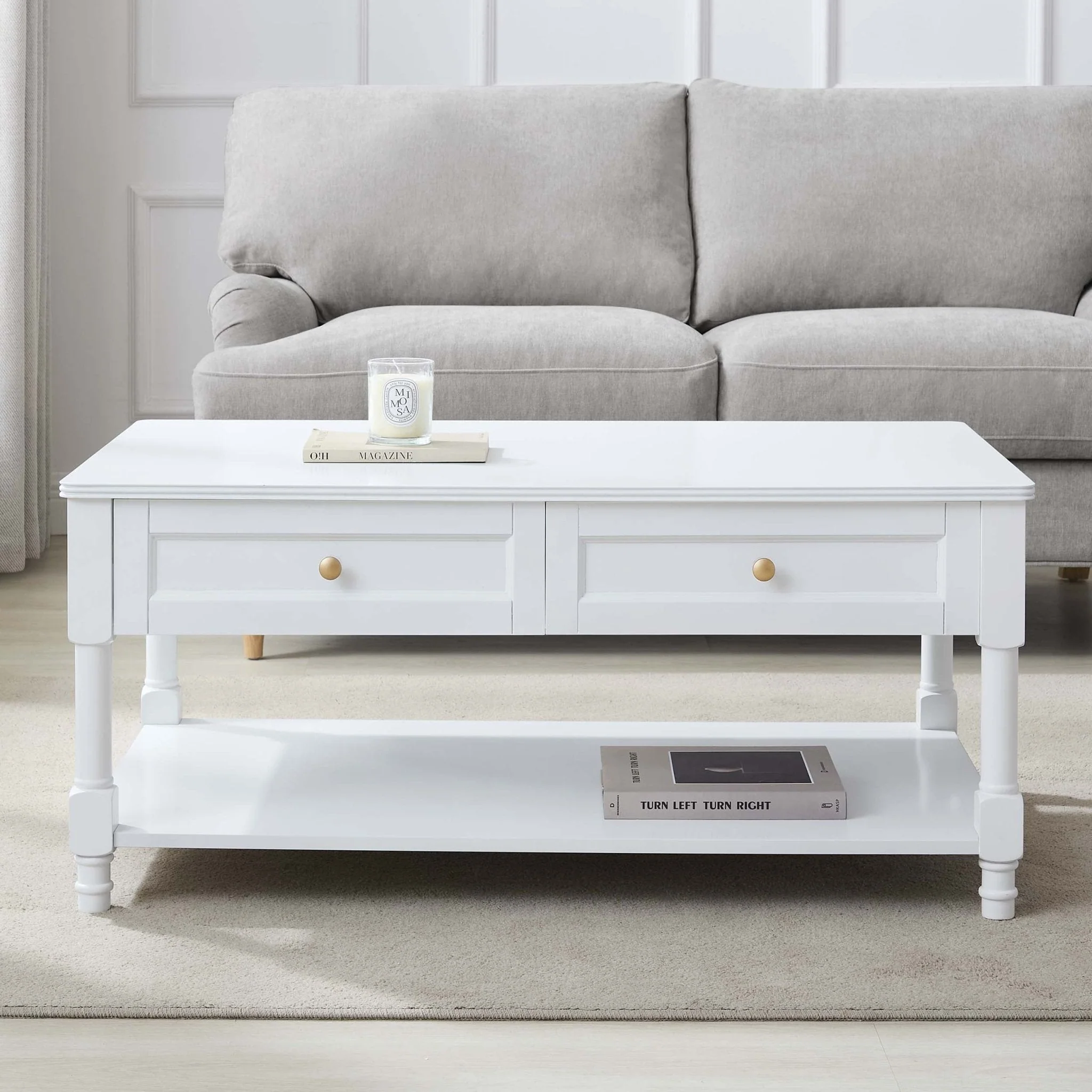 Classic Warm White Painted Coffee Table with Drawer Storage for Living Room