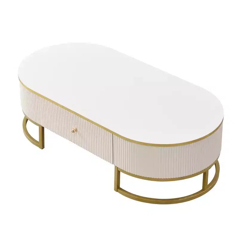 47W Modern Coffee Table Cocktail Table Center Table Accent Table with Drawers, Curved Profile Design, Gold Metal Leg, Oval, White+Gold-ModernLuxe