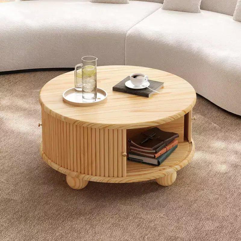 Oval/Round Coffee Table Fluted Center Table Sofa Side Table Storage Cocktail Table with Solid Wood Frame - ModernLuxe