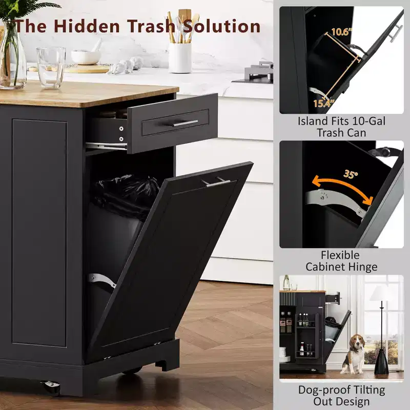 Whisen Classic Style Kitchen Islands on 5 Wheels with 3 Drawer and 3 Open Side Racks