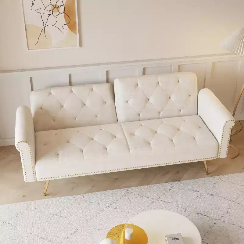 GDFStudio Ubon Modern 70 Wooden Velvet Upholstered Sofa Bed with Nail Head Trim and Throw Pillow