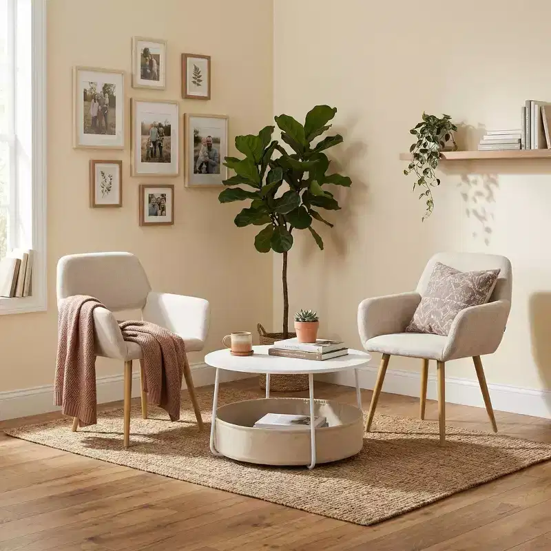 FurnitureR 3-Piece Accent Chair and Coffee Table Set, Round Side Table with 2 Upholstered Chairs for Living Room, Lounge or Apartment