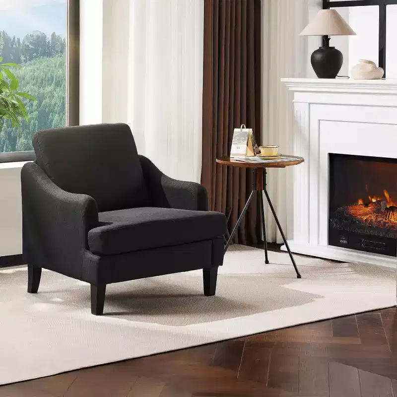 VINGLI Linen Fabric Accent Chair Black, Modern Upholstered Armchair, Comfy Sofa Chair Living Room Bedroom Furniture for Apartment