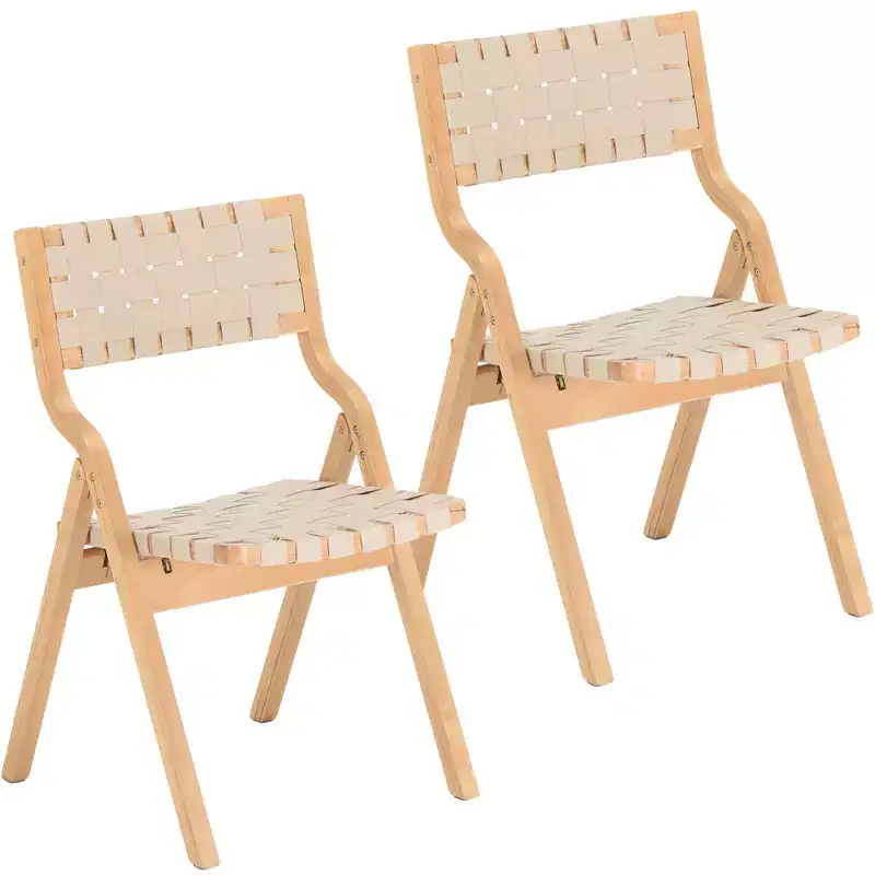TUYOHW Foldable & Stackable Dining Chairs with Open Backrest,Outdoor Folding Chairs with Wood Frame,Rattan Kitchen Chairs for Living Room,2 PCS