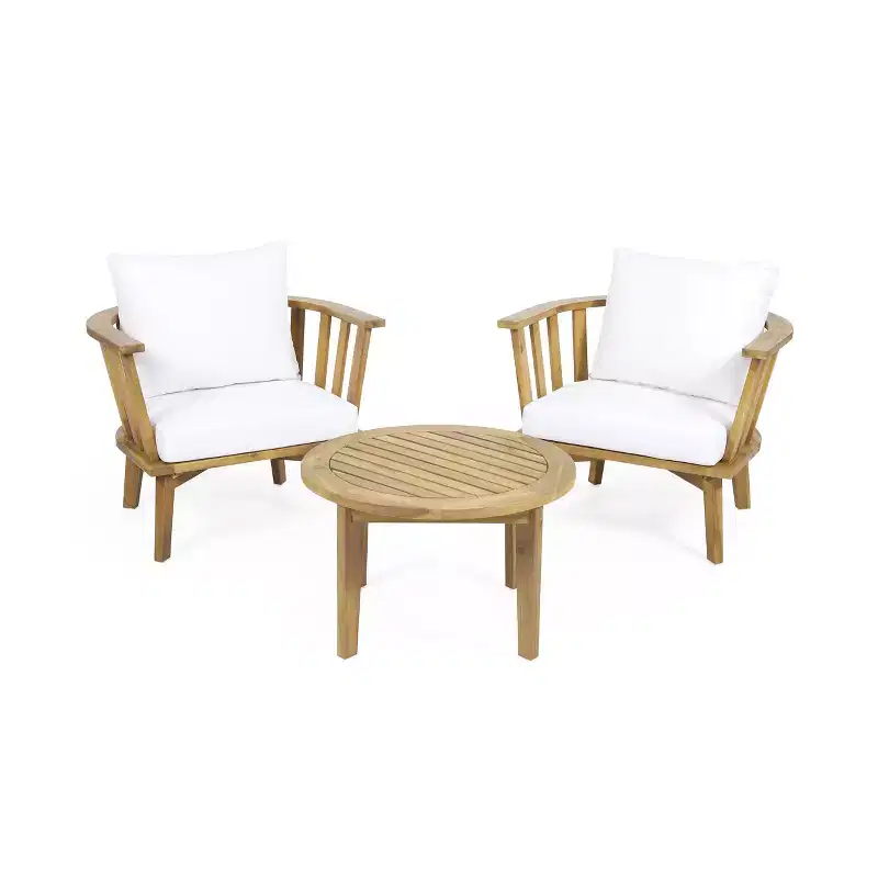 GDFStudio Dean Outdoor Acacia Wood 3 Piece Chat Set with Round Coffee Table, White/Teak