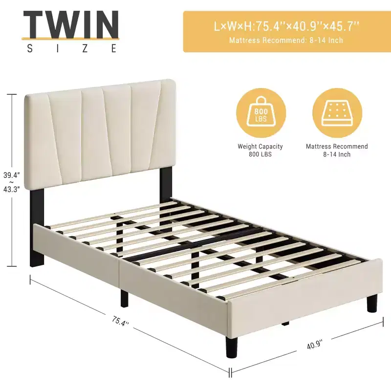 Twin Size Bed Frame with Adjustable Headboard, Velvet Upholstered Tufted Twin Platform Bedframe with Strong Wooden Slats, No Box Spring Needed