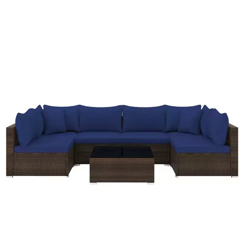 Costway 7 PCS Patio Rattan Furniture Set Sectional Sofa Cushioned Garden Brown/Blue