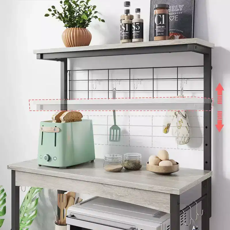 Height-Adjustable Microwave Stand Baker's Rack with Cabinet, Hooks & Wheels, Kitchen Storage