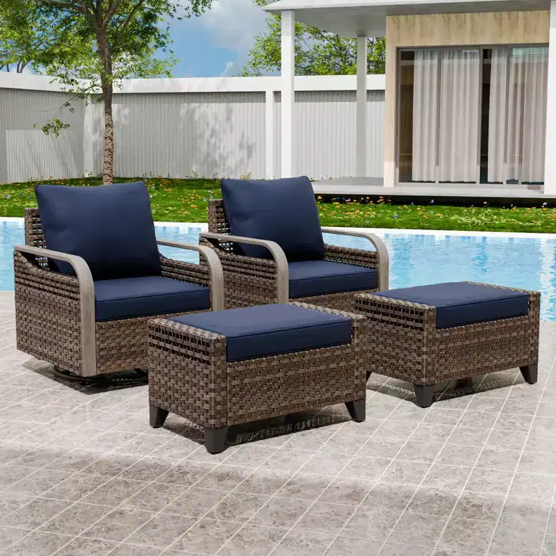 EAGLE PEAK Wicker Outdoor Glider Rocking Chair, Swivel Rocker, 2 Chairs 2 Ottomans, 4 Piece