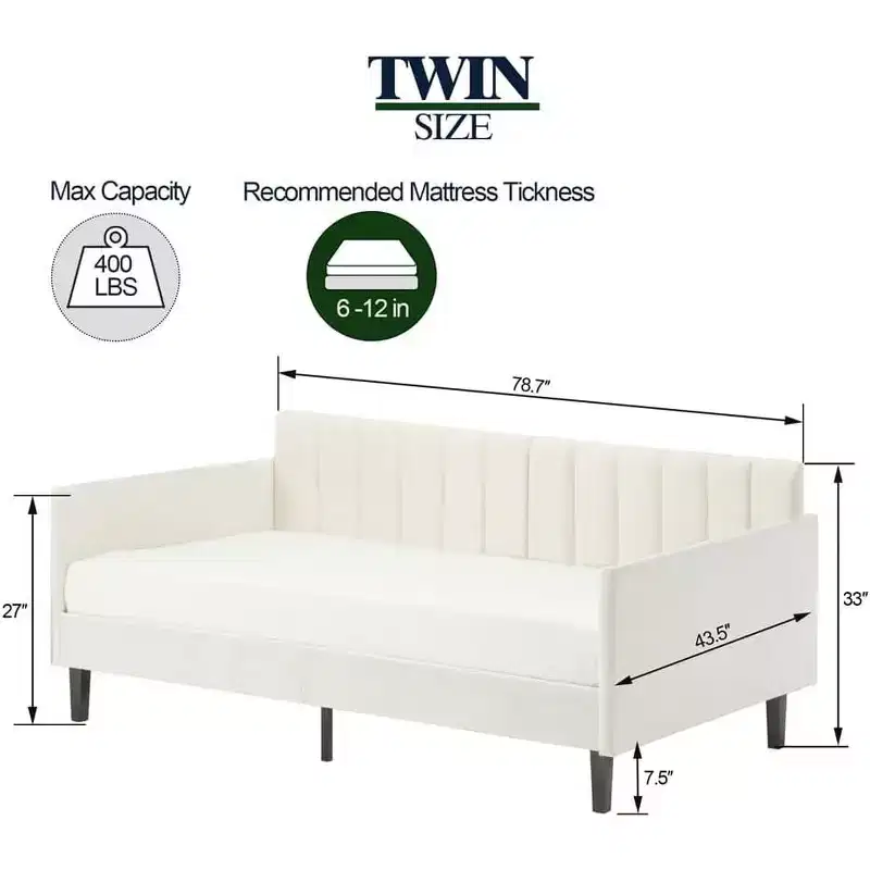Twin Velvet Daybed with Ribbed Tufted Back, Sturdy Slat Supportwhite Upholstered Sleeper for Bedroom or Living Room, No Box Spring Needed