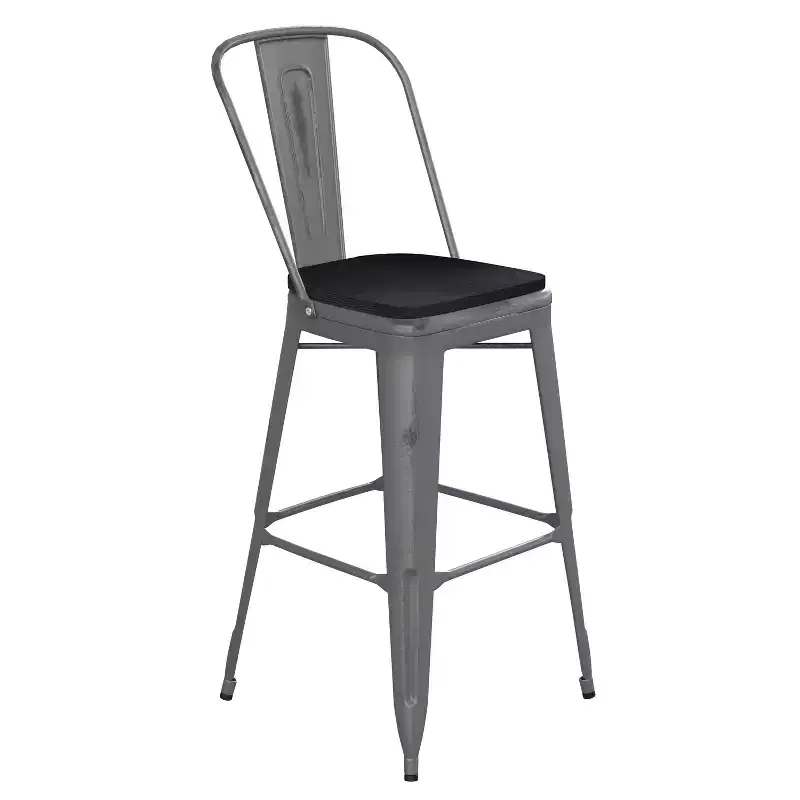 Emma and Oliver Clear Coated Metal Stool with Backrest and Polyresin Seat for Indoor Use Only
