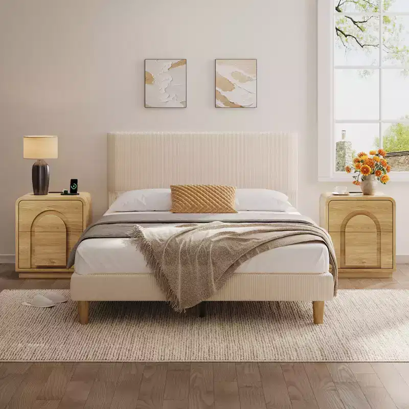 Nightstands set of 2 with Charging Station, Modern LED End Tables with 2 Drawers, 2 Bedside Tables with Storage for Bedroom & Living Room