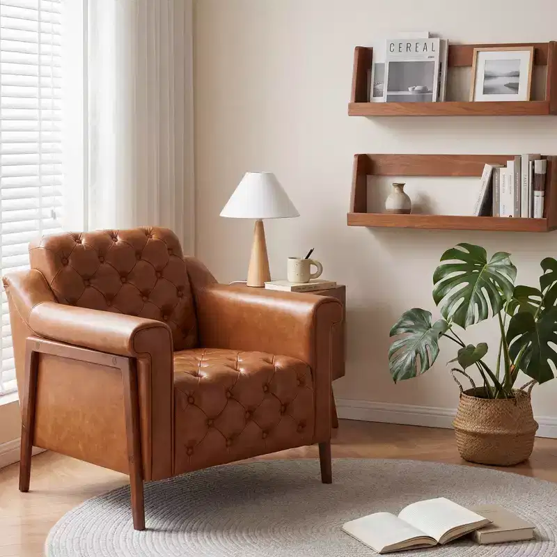 Dyonery A leather-decorated chair in medieval style, with sturdy wooden legs and backrest, suitable for small spaces, Brown