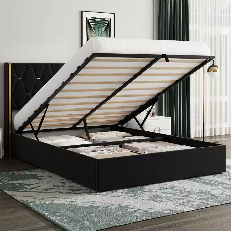 Black / White Wingback Upholstered Storage Bed – Full / Queen, 1 Person