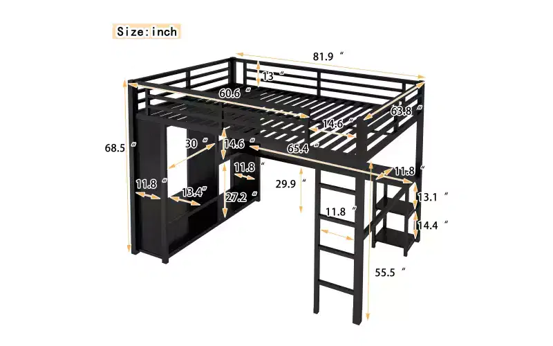 Bellemave Queen Size Metal Loft Bed with Desk and Wardrobe, Storage Shelves and Guardrails, Black