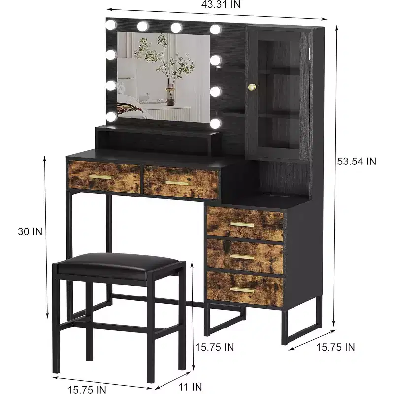 A dressing table set with a cushioned stool and charging station, mirror and light, jewelry storage, 5 drawers and shelves, in a country style.