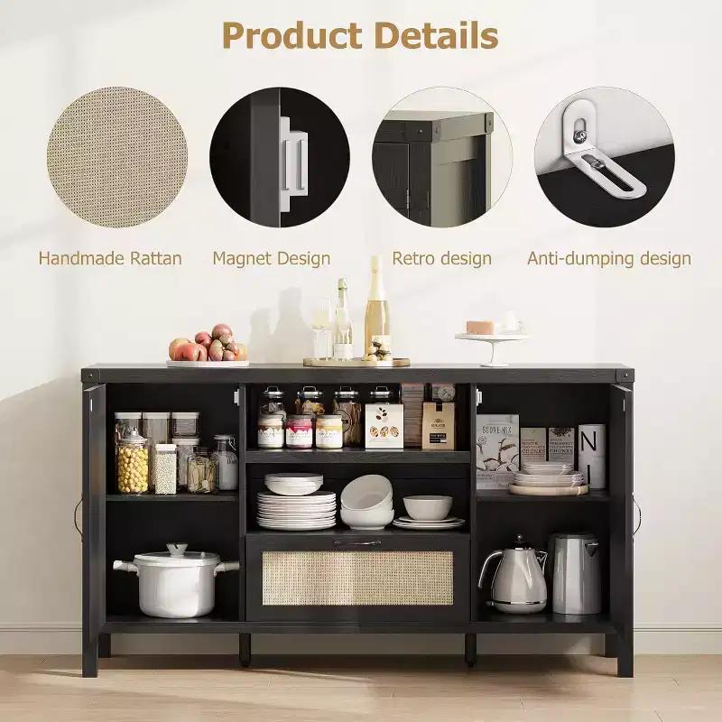 Buffet Cabinet, 59 Inch Rattan Storage Sideboard with Adjustable Shelves & Drawer, Black Boho Farmhouse