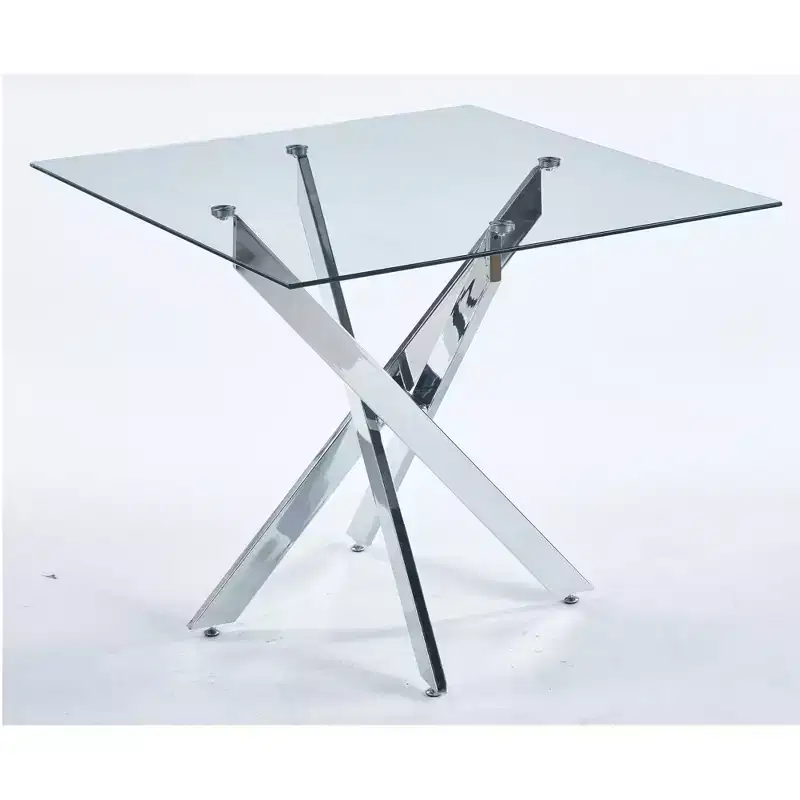 Square Tempered Glass Dining Table with Gold Cross Metal Legs, Space-Saving, 90x90x75cm