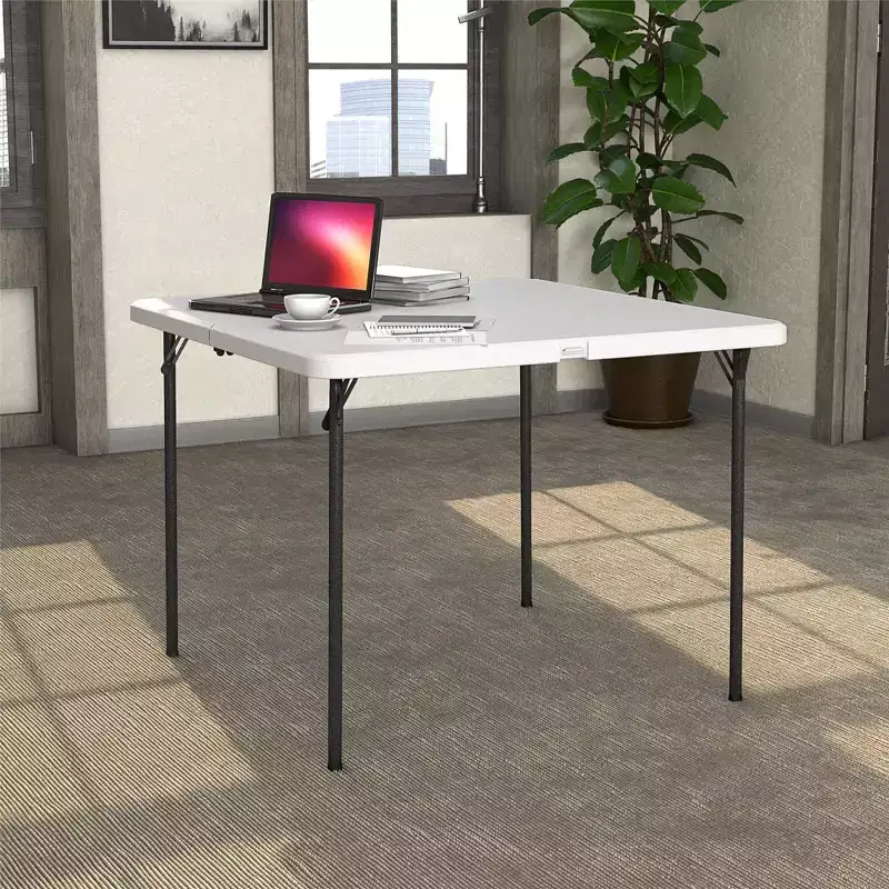 Square Fold-in-Half Card Table with Handle, White