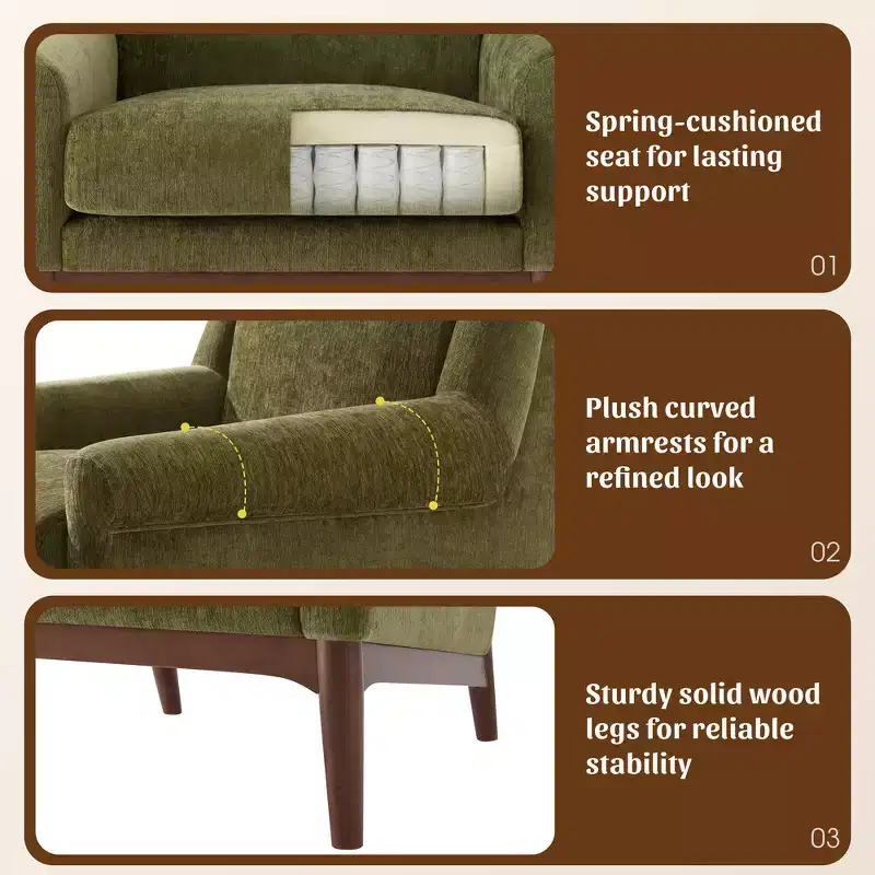 Whisen Sculptural Flared Arm Accent Chair with Solid Wood Frame Modern Reclined Upholstered Lounge Chair, Ergonomic Reading Chair