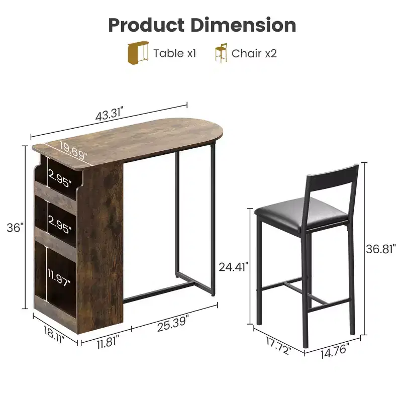 3 Piece Bar Table Set for 2, Counter Height Kitchen Table with 2 Stools & Storage Shelves, Pub Table and Chairs Set for Kitchen Living Room