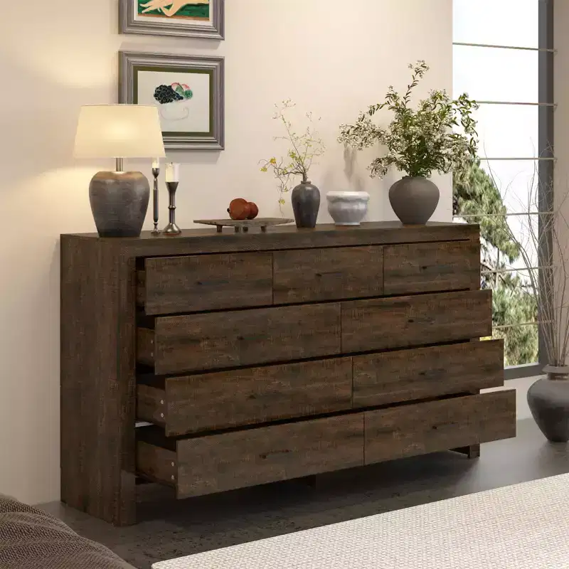 Rustic 9 - Drawer Chest Dresser Organizer Compartments Solid Build, Spacious Drawers