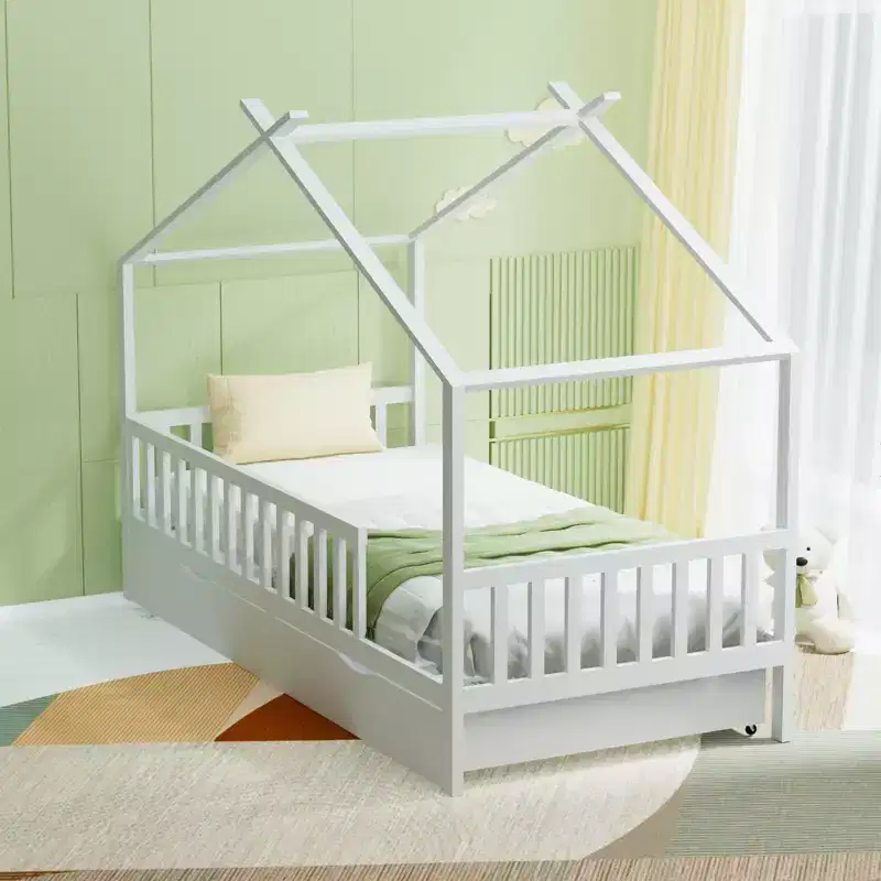 Modern Wooden Kid's Full House Bed Frame with 2 Storage Drawers