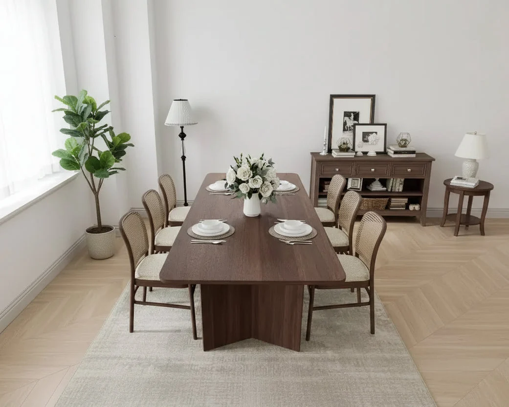 79 x 33.5 Solid Wood Farmhouse Dining Table with V-Shaped Legs and Square Wood Top for Modern Dining Rooms & Family Gatherings Walnut
