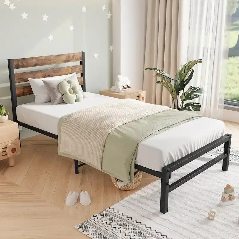 Platform Bed Frame with Rustic Vintage Wood Headboard