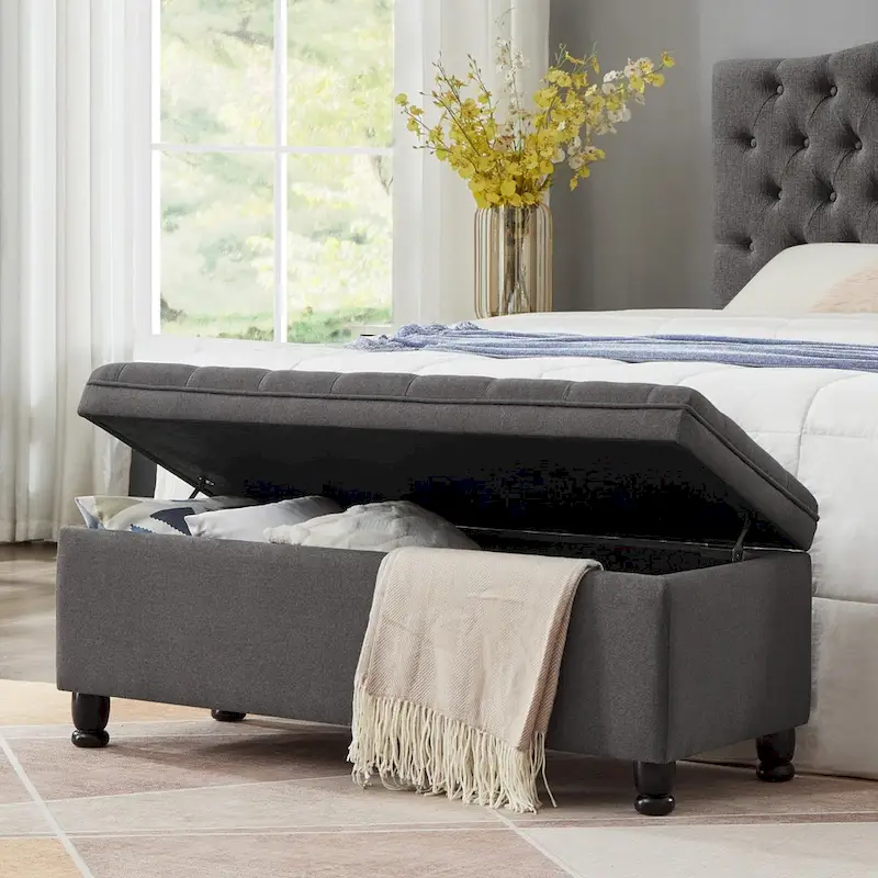 Upholstered Tufted Button Storage Bench with Spindle Wooden Legs - 45x18x18H