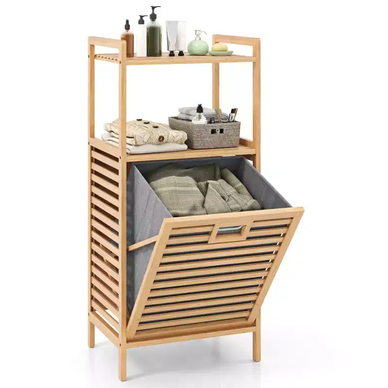Tilt-out Laundry Hamper w/ 2-Tier Shelves & Tilt-out Basket Bamboo Organizer