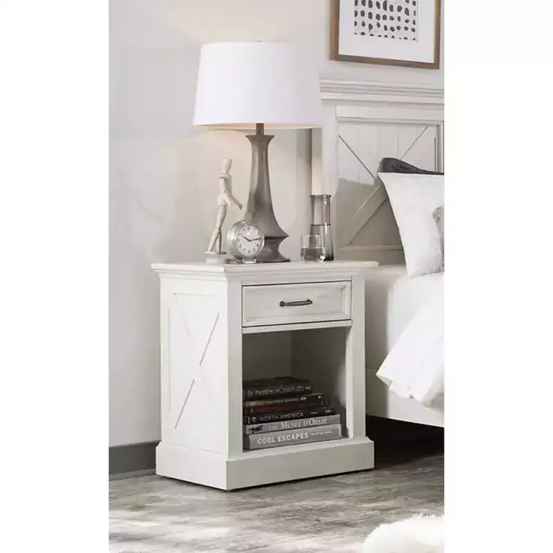 Off-White Coastal Nightstand, 1-Drawer, Mahogany Frame