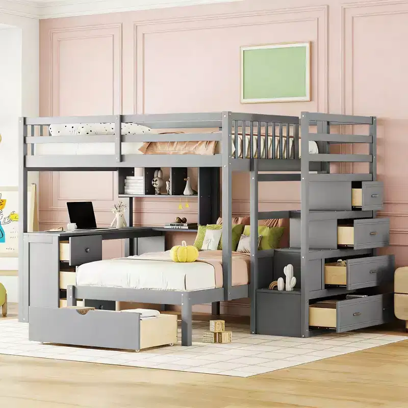 Luxystar Modern Full Over Twin Bunk Bed with Desk, 8 Drawers and Bookcases